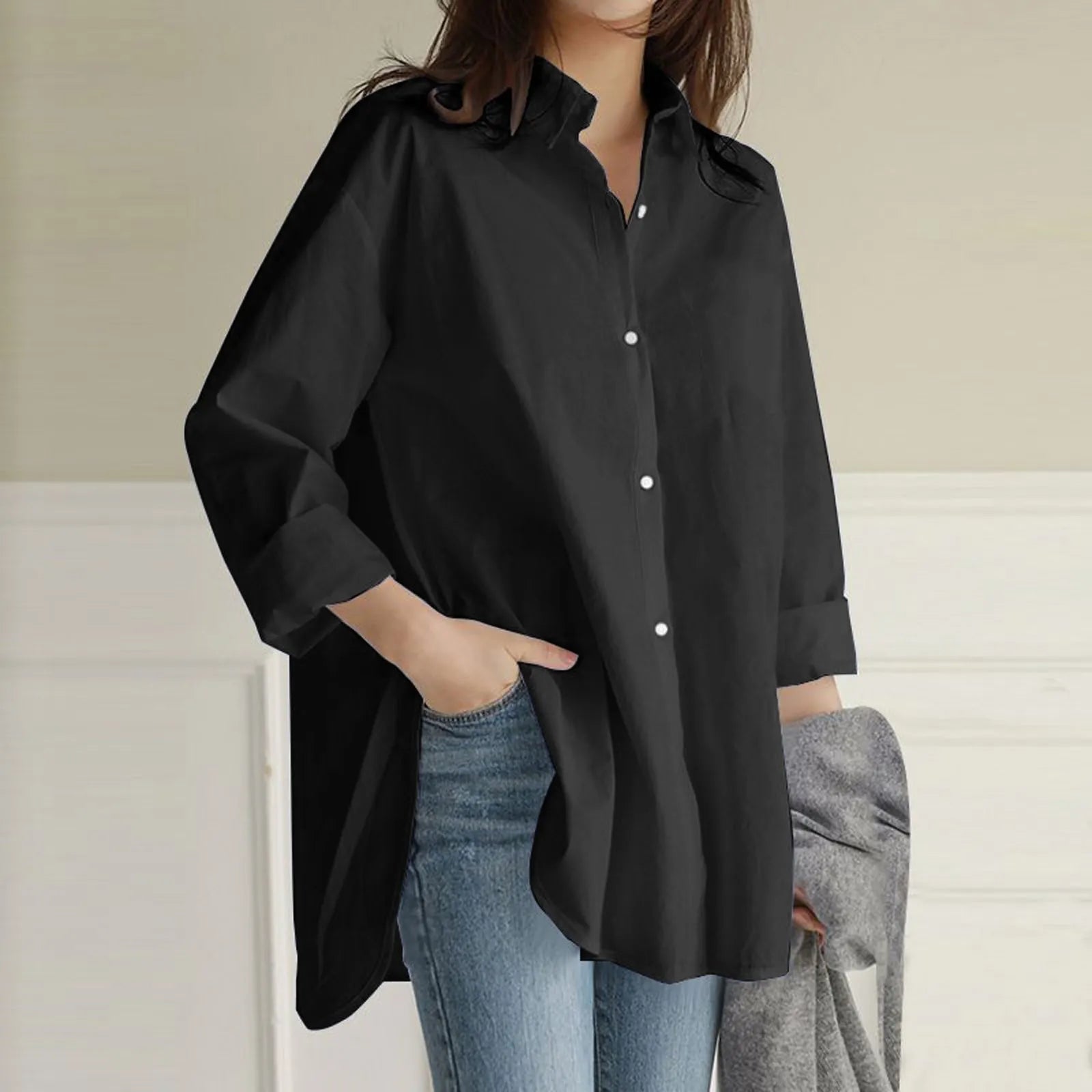 Vintage Lapel Plain Button Down Casual Shirt