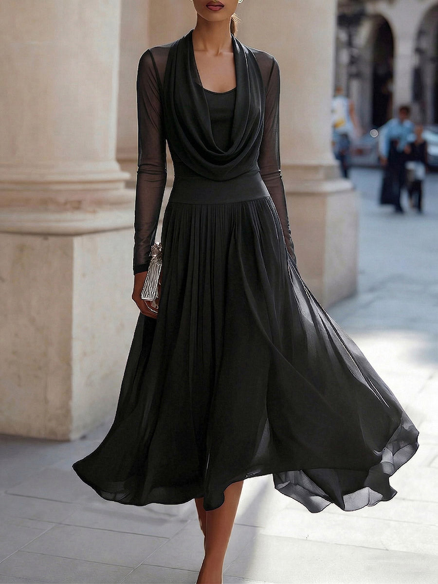 Women's Solid-color Cowl Neck Long-sleeve Stretchy Mesh A-line Dress