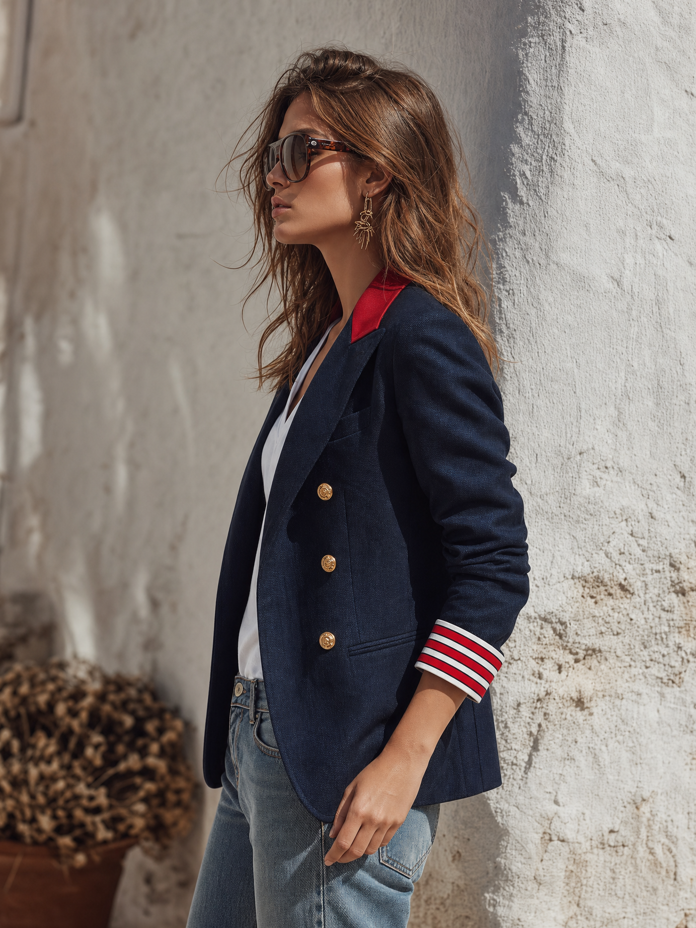 Vacation Retro Nautical Color Block Striped Cuff Double-Breasted Blazer