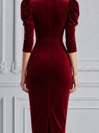 Red Dress Fall Wedding Guest Dress Velvet Puff Sleeve Pencil Midi Dress