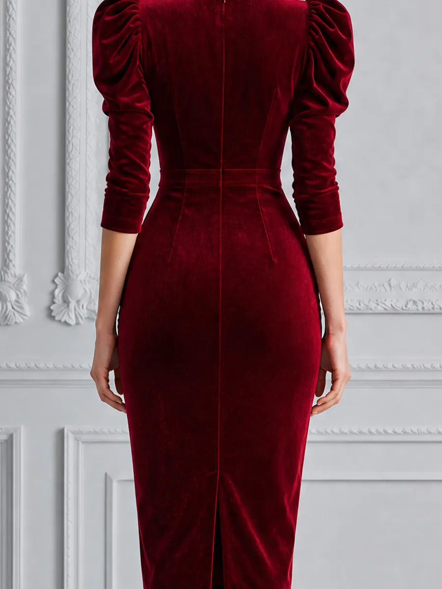 Red Dress Fall Wedding Guest Dress Velvet Puff Sleeve Pencil Midi Dress