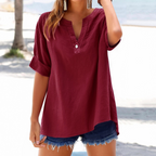Women'S Multicolor Solid Color Stand Collar Button Cotton And Linen Three-Quarter Sleeve Top