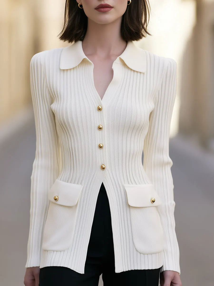 Collared Ribbed Knit Longline Cardigan