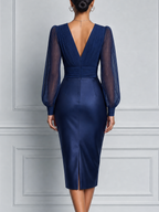 Navy Dress Fall Wedding Guest Dress Pleated Chiffon Sleeve Satin Pencil Midi Dress
