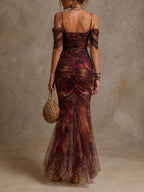 Vintage Floral Print Off-the-Shoulder Ruched Mesh Mermaid Maxi Dress
