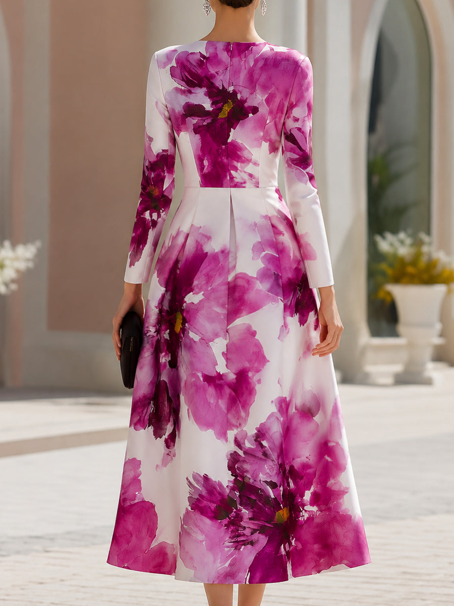 Floral Print Long Sleeve A-Line Midi Dress