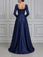 Navy Dress Fall Wedding Guest Dress Satin Embellished Ball Gown Maxi Dress