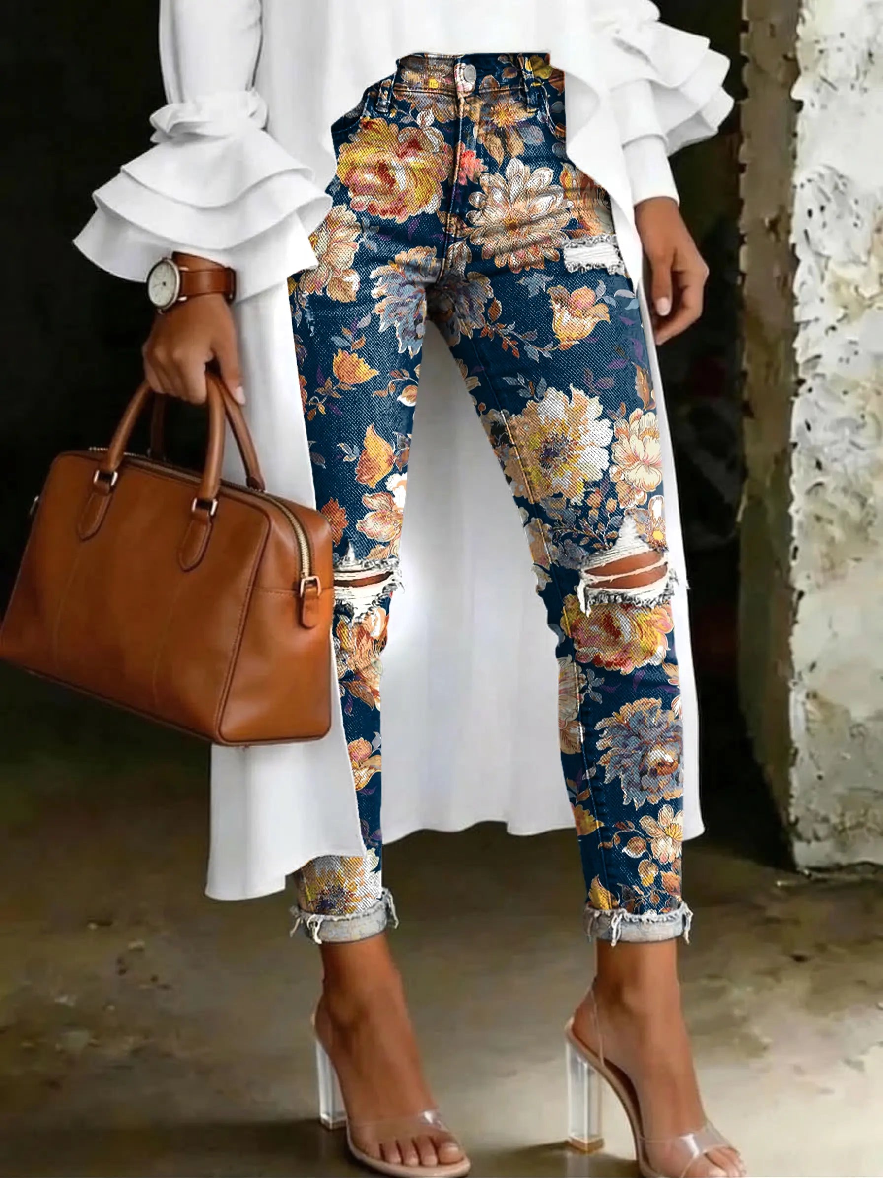Women's Vintage Blue Floral Artistic Print Casual Ripped Skinny High-waisted Jeans