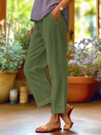 Loose Solid Color Elastic Waist Pocket Straight Cotton And Linen Casual Pants