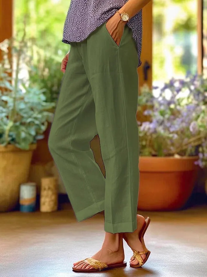 Loose Solid Color Elastic Waist Pocket Straight Cotton And Linen Casual Pants