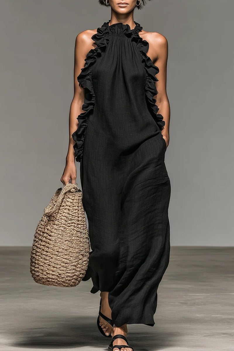 Women's Minimalist Linen-blend Sleeveless Maxi Dress With Ruffle Details