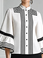 White Preppy Contrast Stripe Bell Sleeve Blouse