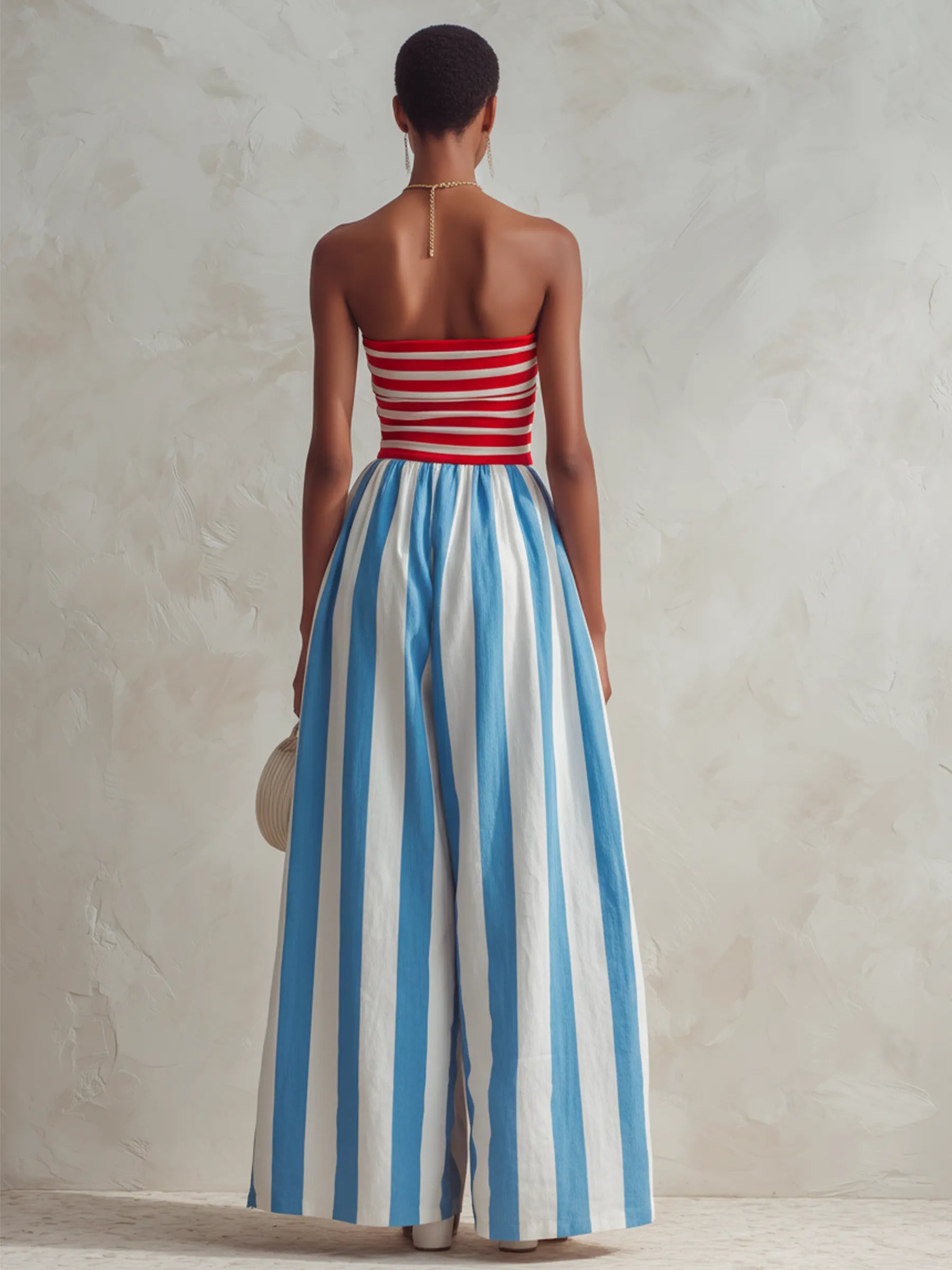 Red & White Striped Strapless Top With Blue & White Striped Wide-Leg Jumpsuit
