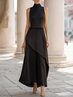 Sleeveless High-Neck Asymmetrical Layered Maxi Dress Two-Piece Set