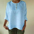 Solid Color Patchwork Long-sleeved Cotton And Linen Button Shirt