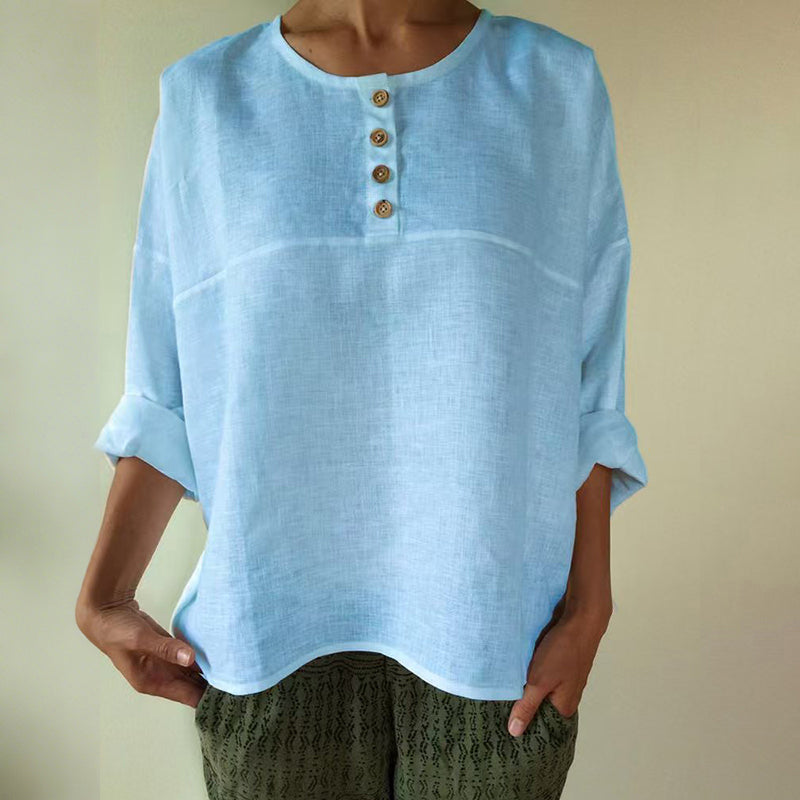 Solid Color Patchwork Long-sleeved Cotton And Linen Button Shirt