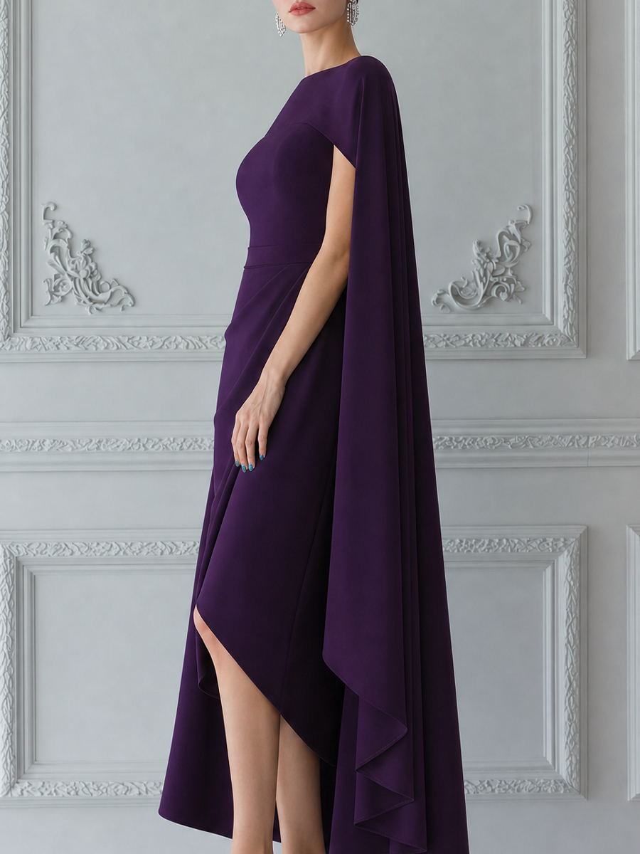 Purple Dress Fall Wedding Guest Dress Cape Sleeve Wrap Midi Dress