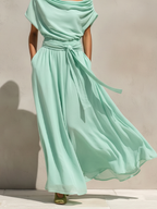 Women's Mint Green Chiffon Maxi Dress With Off-the-Shoulder Draped Neck & Belted Waist, Timeless Romantic-Resort Style Dress