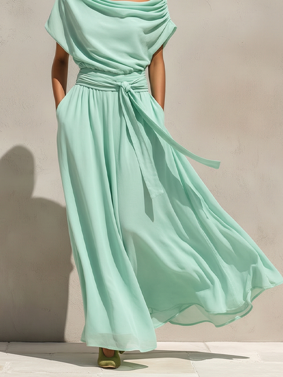 Women's Mint Green Chiffon Maxi Dress With Off-the-Shoulder Draped Neck & Belted Waist, Timeless Romantic-Resort Style Dress