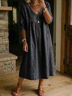 Casual Loose-fitting Denim Dress With Lace Trim