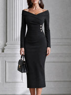 Off-the-Shoulder Button-Detail Bodycon Midi Dress