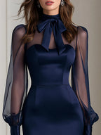 Satin Bow Neck Sheer Puff Sleeve Bodycon Midi Dress