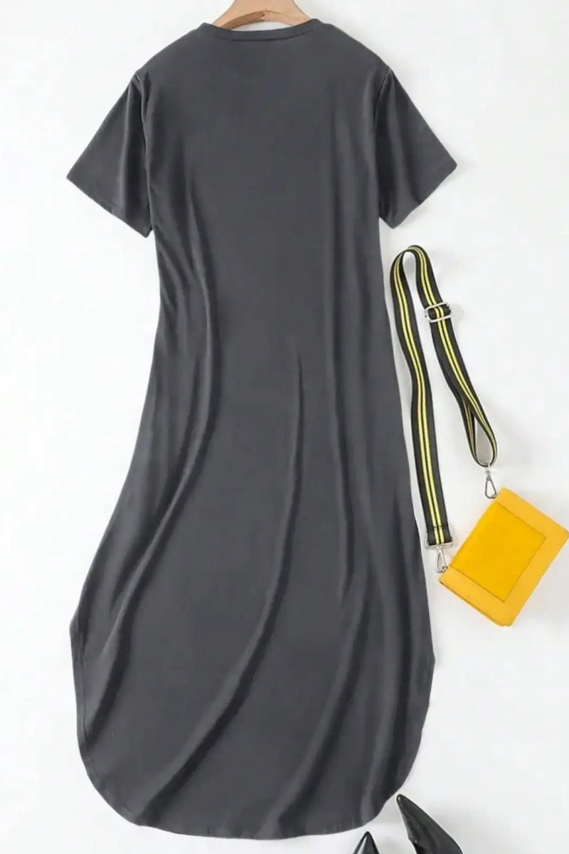 Women's Plain Pocket Round Neck Curved Hem Jersey Tee Dress Style