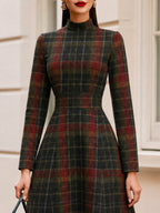 High Neck Long Sleeve Fit & Flare Wool Blend Midi Dress