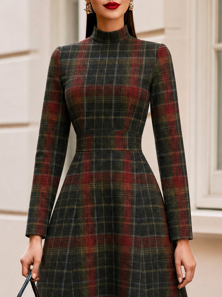 High Neck Long Sleeve Fit & Flare Wool Blend Midi Dress