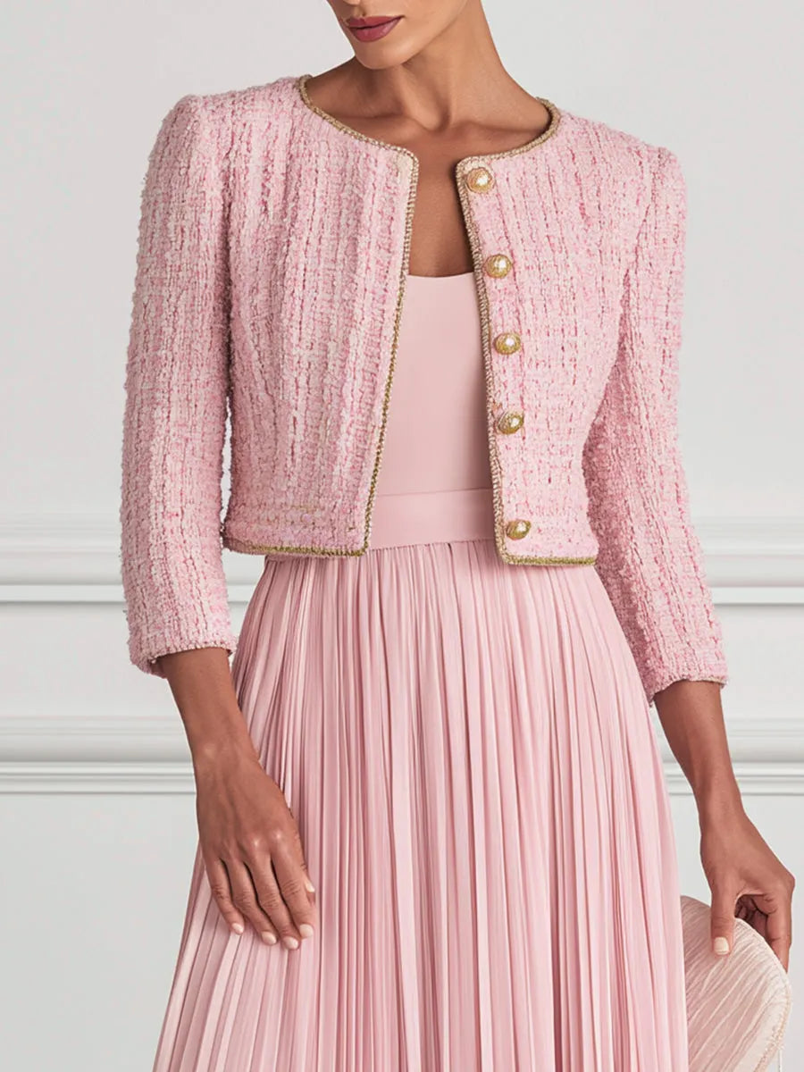 Pink Tweed Cropped Jacket & Pleated Midi Dress Set