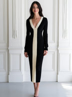 Color Block V-Neck Long Sleeve Ribbed Knit Midi Dress