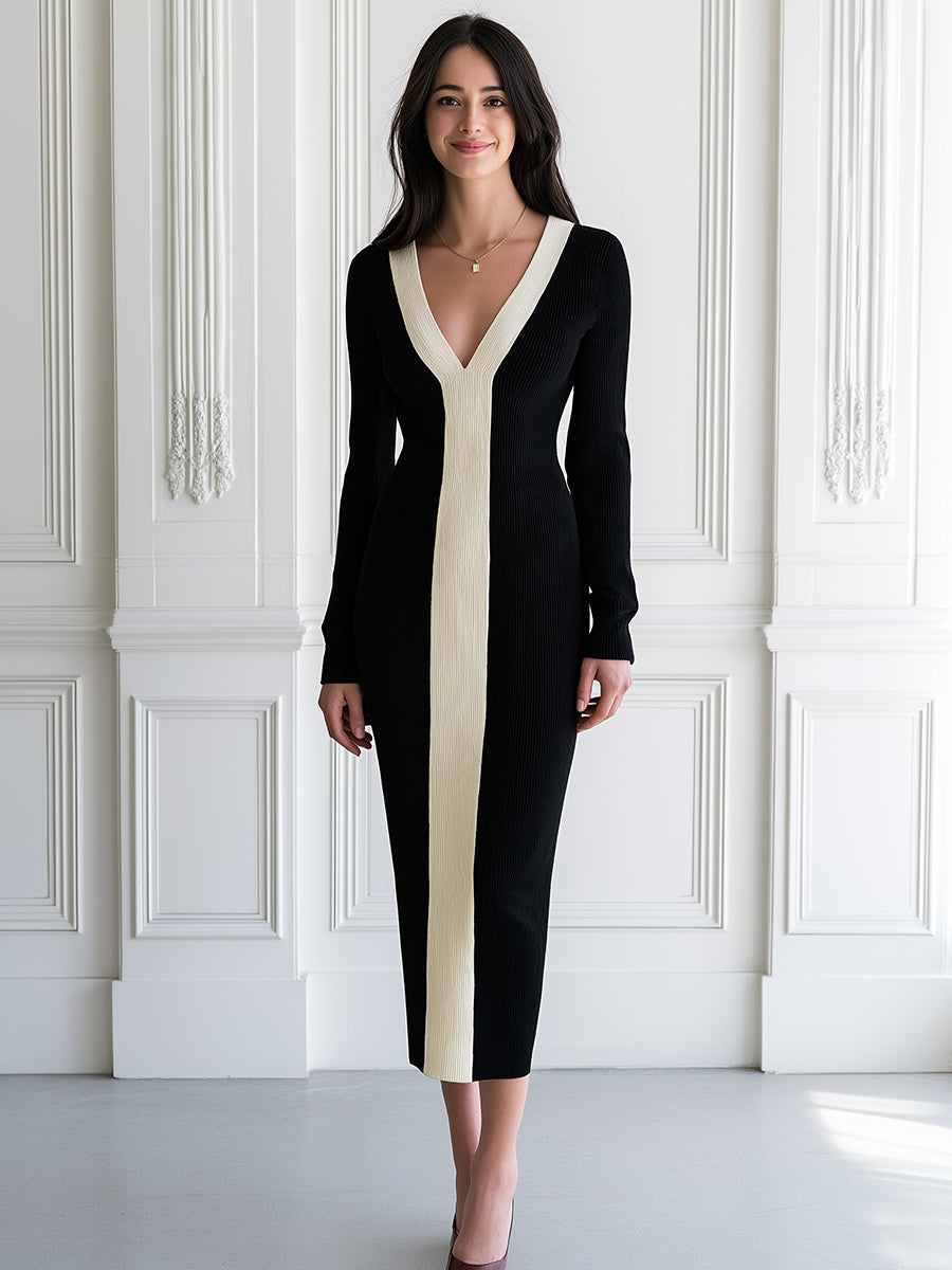 Color Block V-Neck Long Sleeve Ribbed Knit Midi Dress