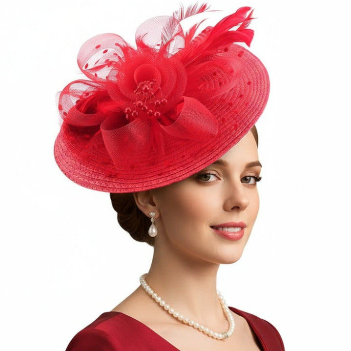 Mesh Floral Straw Feather Headdress Hat