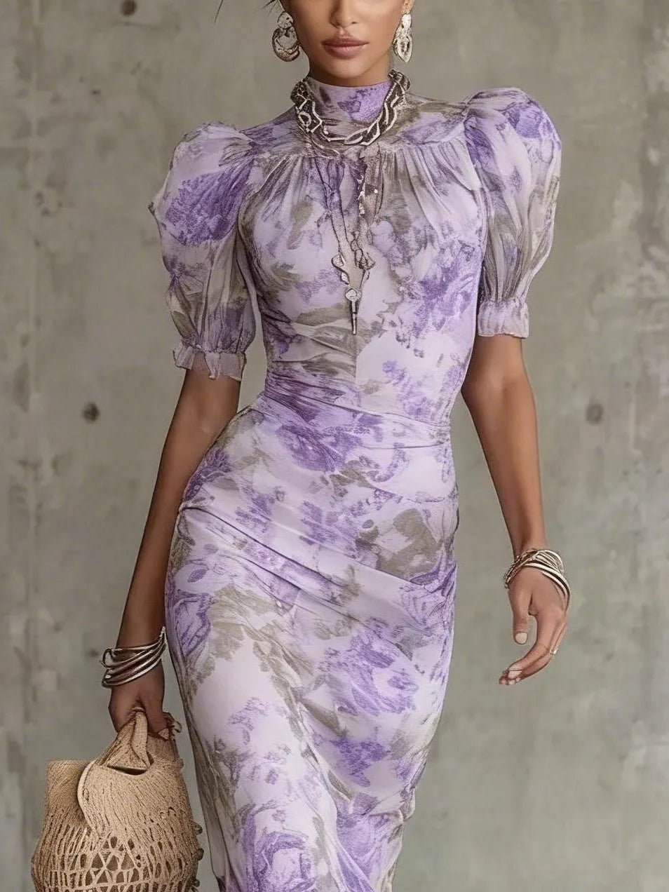 Purple Vintage Rose Print Long Dress with Puff Sleeves (Accessories Not Included)