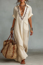 Women's Minimalist Linen Blend Short-sleeved Shirt Maxi Dress