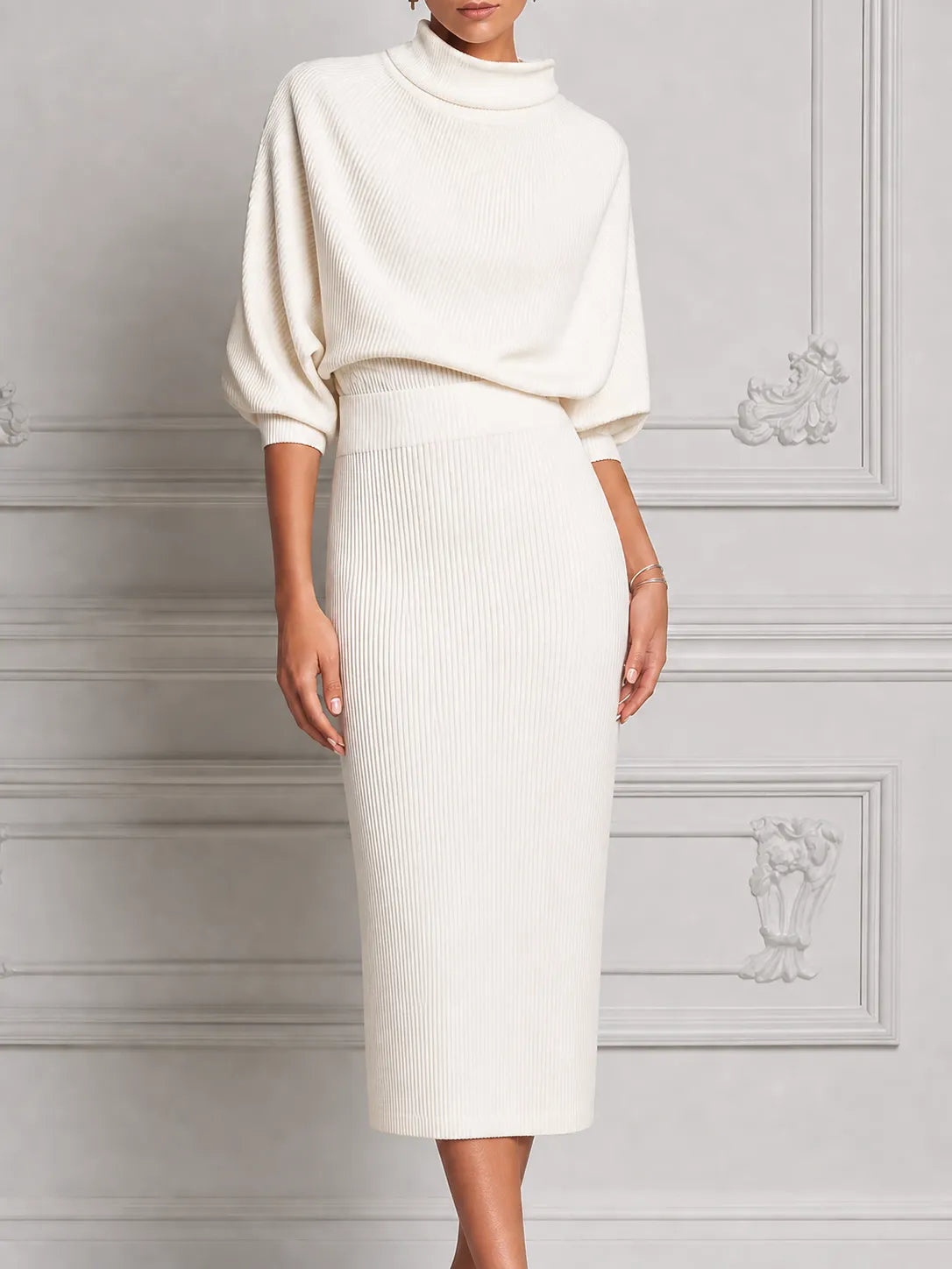 White Dress Stockholm Style Ribbed Knit Turtleneck Pencil Midi Dress