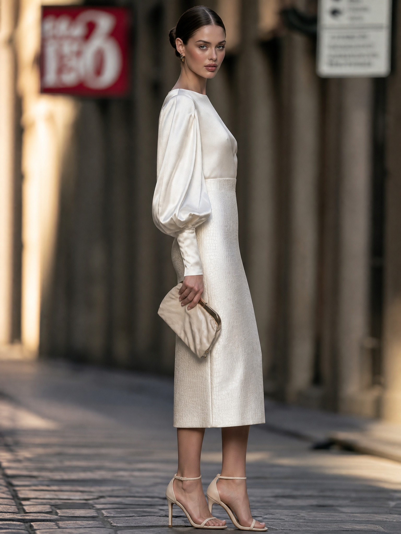 Ivory Satin Puff-Sleeve Top & Crocodile-Embossed Pencil Skirt Two-Piece Set