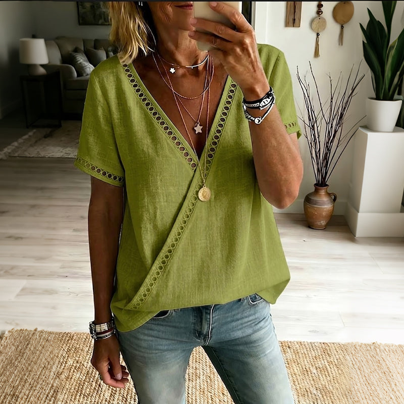 Women's Solid Color Lace Cotton Linen Short-sleeve V-neck Top
