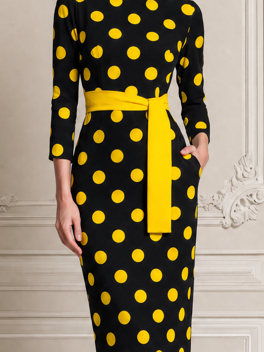 Black Polka Dot Dress Stockholm Style Belted Pencil Midi Dress