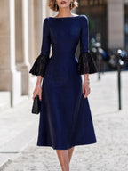 Lace-Trimmed Bell-Sleeve Structured Midi Dress