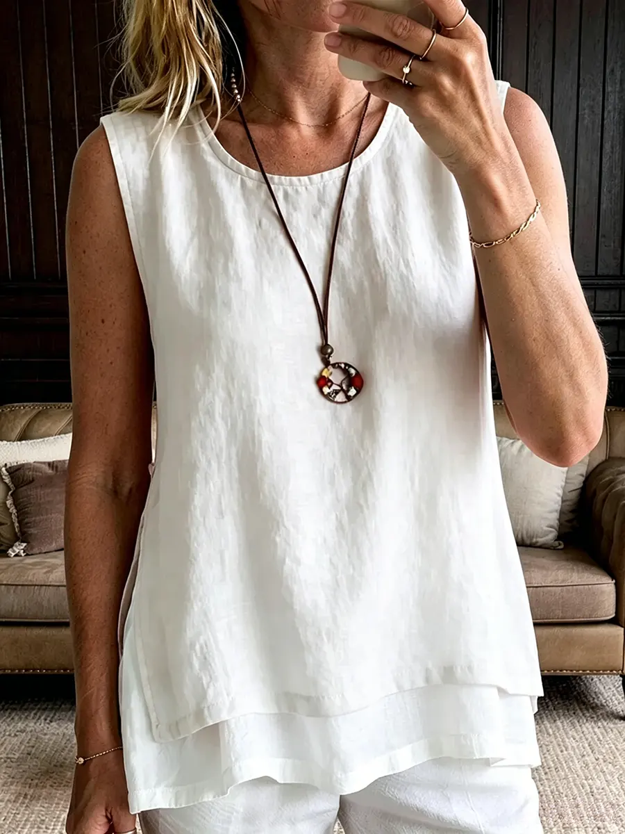 Women's Casual Double-Layer Cotton-Linen Sleeveless Vest