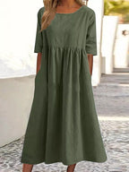 2025 spring and summer new round neck 5-quarter sleeve large size loose long cotton and linen dress