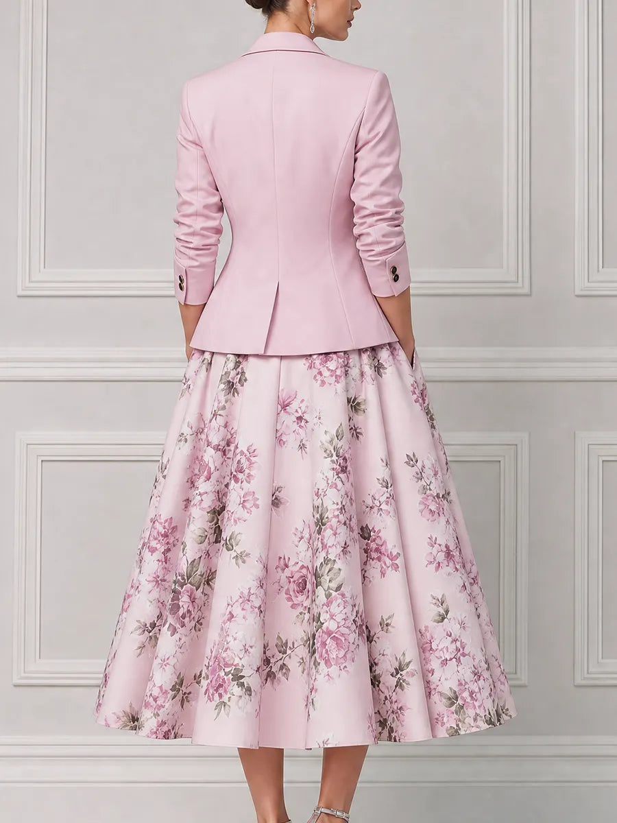 Blush Pink Tailored Blazer & Floral A-Line Midi Dress Set