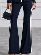 Navy White Contrast Piping Blazer & Flare Pants Set