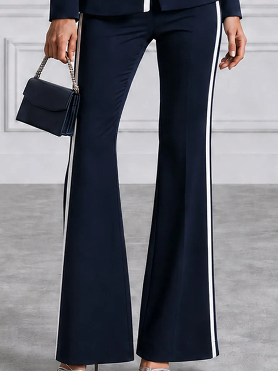 Navy White Contrast Piping Blazer & Flare Pants Set