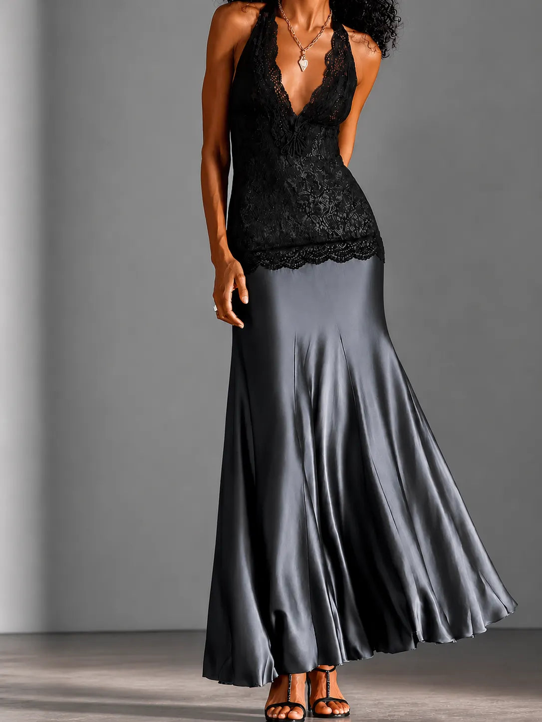 Black Lace Halter Cami Top & Satin Mermaid Maxi Skirt Two Piece Outfit