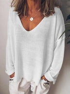 V Neck Comfy Linen Cotton Long Sleeve Shirt