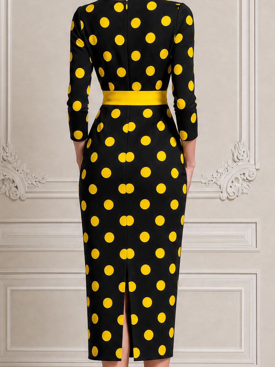 Black Polka Dot Dress Stockholm Style Belted Pencil Midi Dress