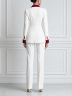 White Red Contrast Double Breasted Blazer & Flare Pants Set