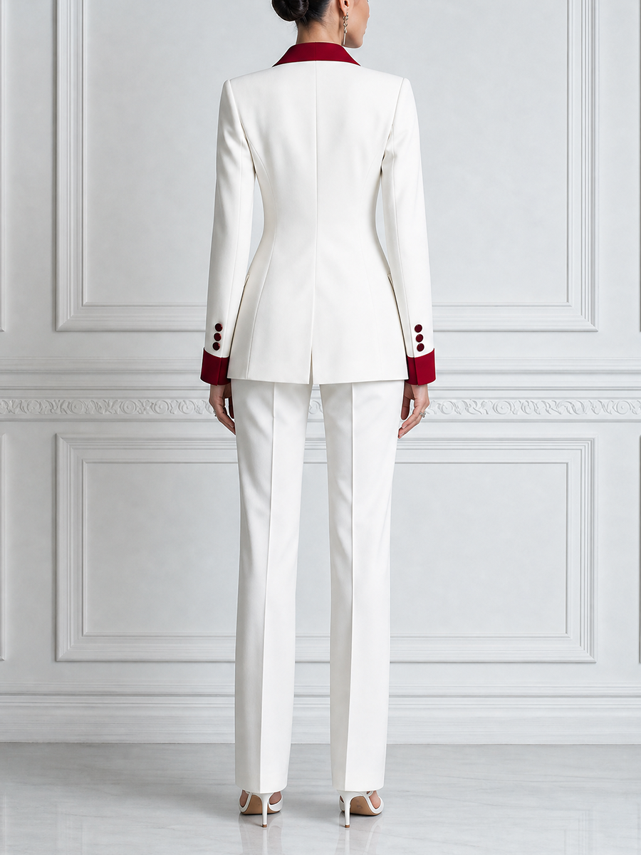 White Red Contrast Double Breasted Blazer & Flare Pants Set